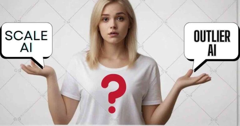 A girl holding a message box with the text “Outlier AI, Scale AI”