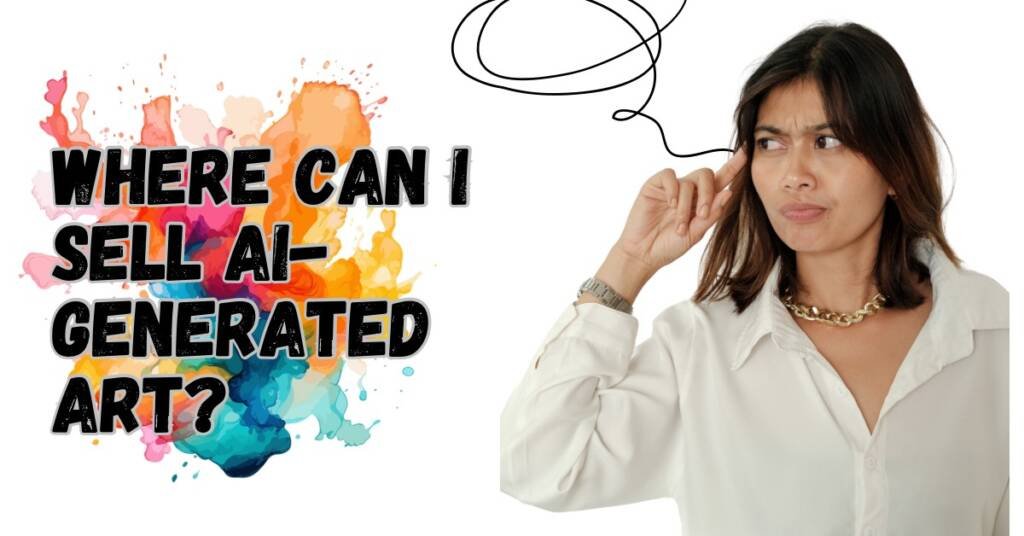 A girl is thinking and a text written “ Where Can I Sell Ai-Generated Art?”