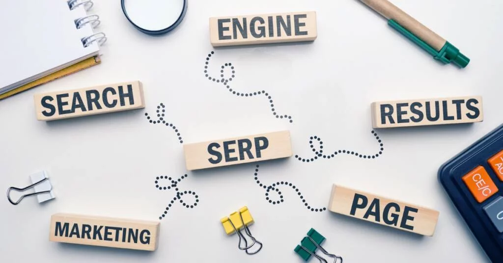 Conceptual still life with SEO terms on wooden blocks.