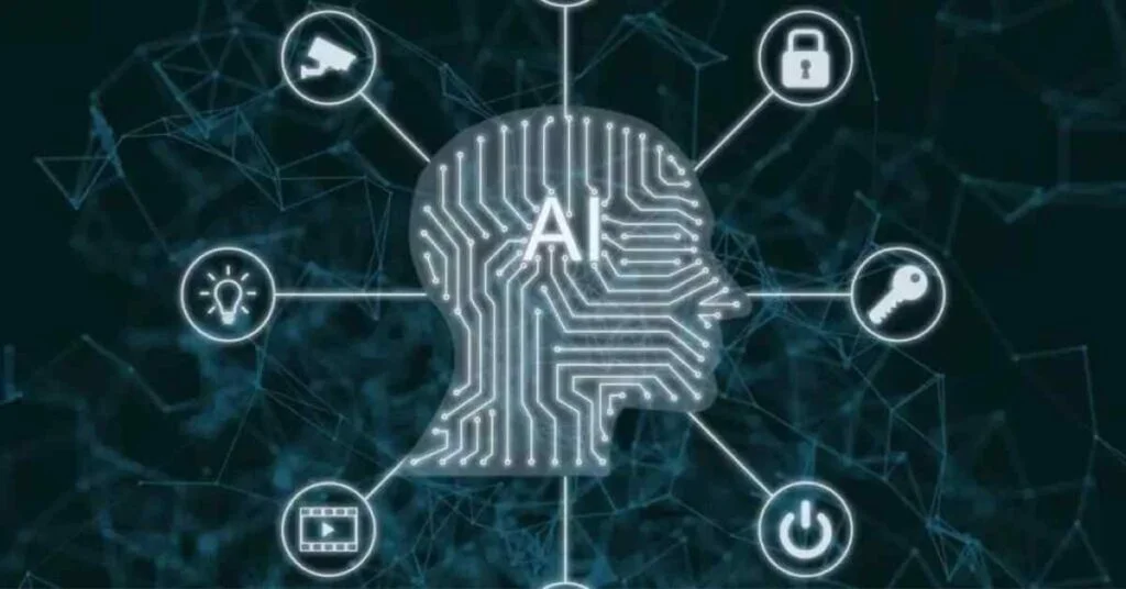 Artificial intelligence concept: circuit board head surrounded by technology icons