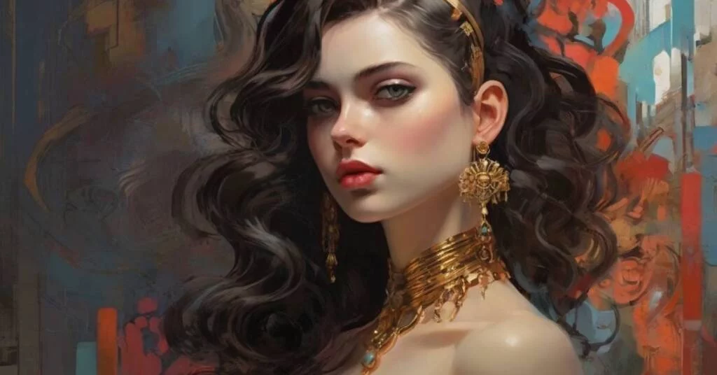 a painting of a beautiful person wearing gold jewelry Showing “ Can I use AI generated art commercially?”