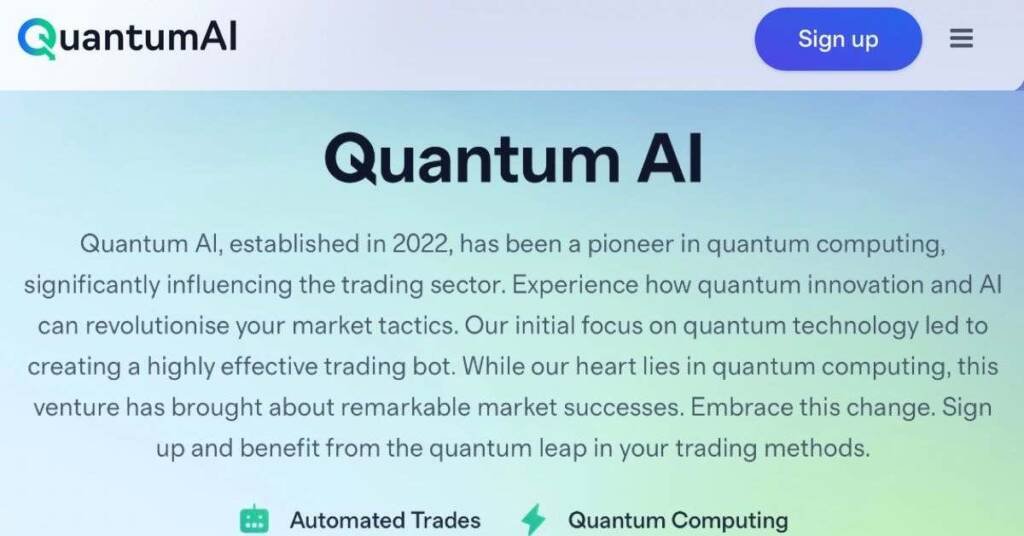 Quantum AI website screenshot. Text advertises AI-powered trading platform. Founded in 2022.