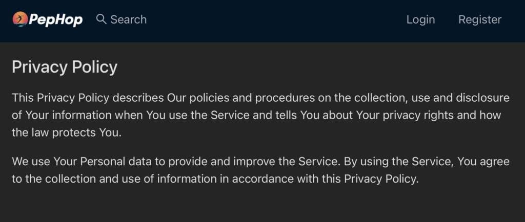 PepHop AI Privacy policy page