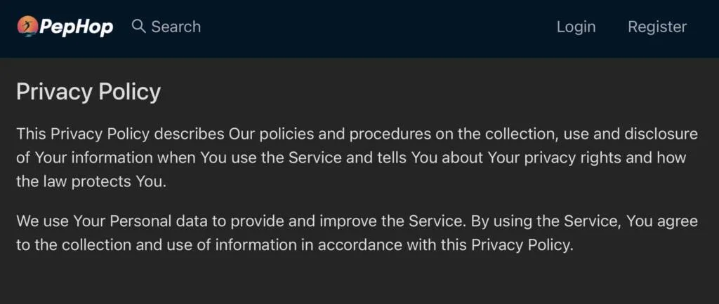 PepHop AI Privacy policy page
