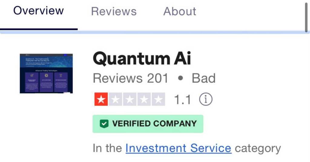 Screenshot of a website reviewing Quantum AI, an AI-powered trading platform. Review rating is low, raising questions about Quantum AI's legitimacy.