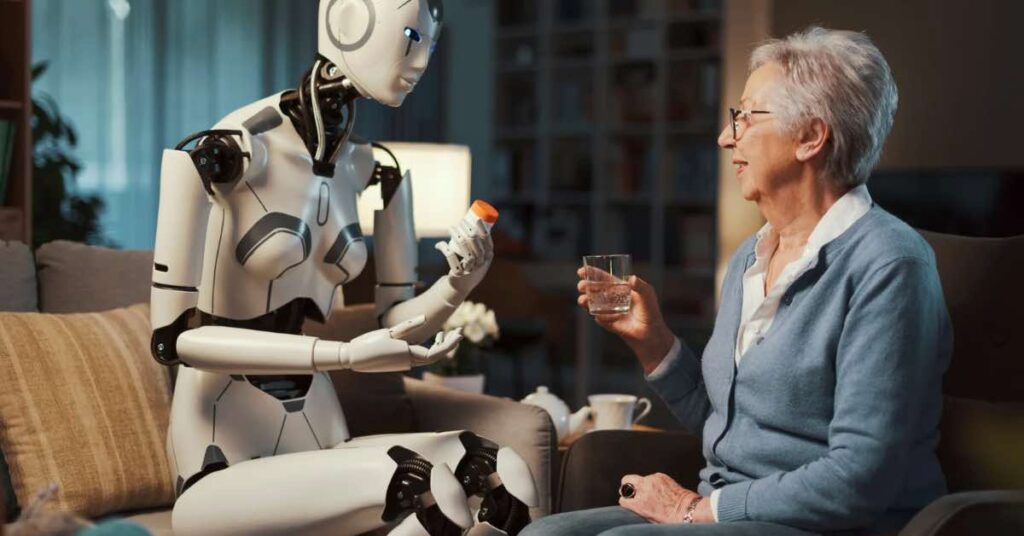 A robot handing a pill bottle to an elderly woman holding a glass of water.