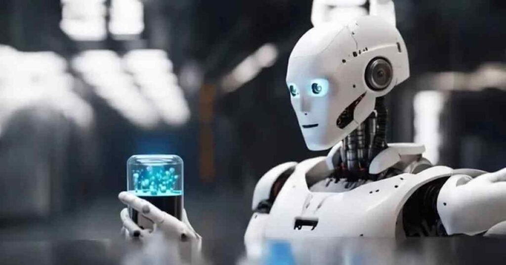 A humanoid robot holding a vial, highlighting the dangers of Artificial Intelligence on society.