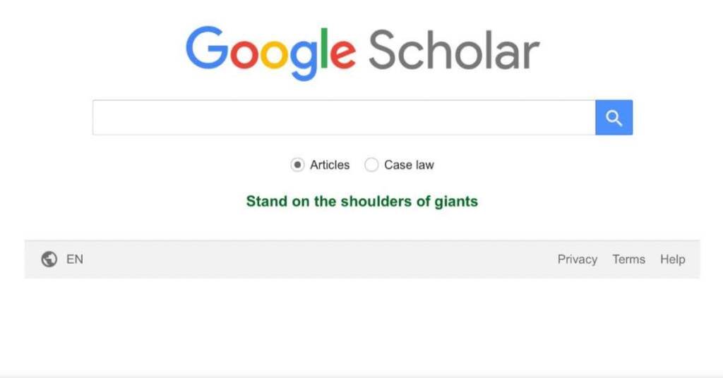 Screenshot of the Google Scholar website, a popular search engine for scholarly articles.
