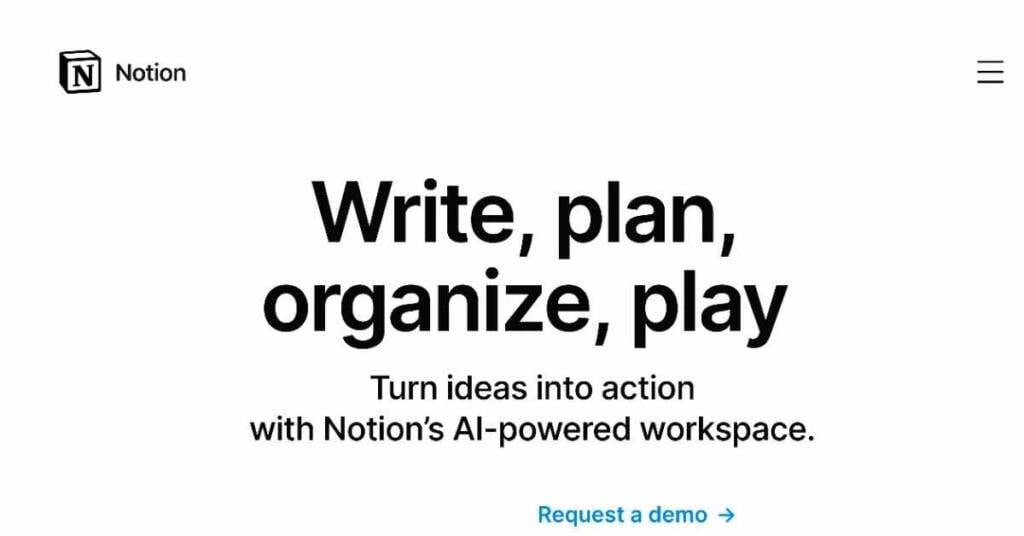 Notion: AI-powered workspace for writing, planning, organizing; “Write, plan, organize, play” tagline.