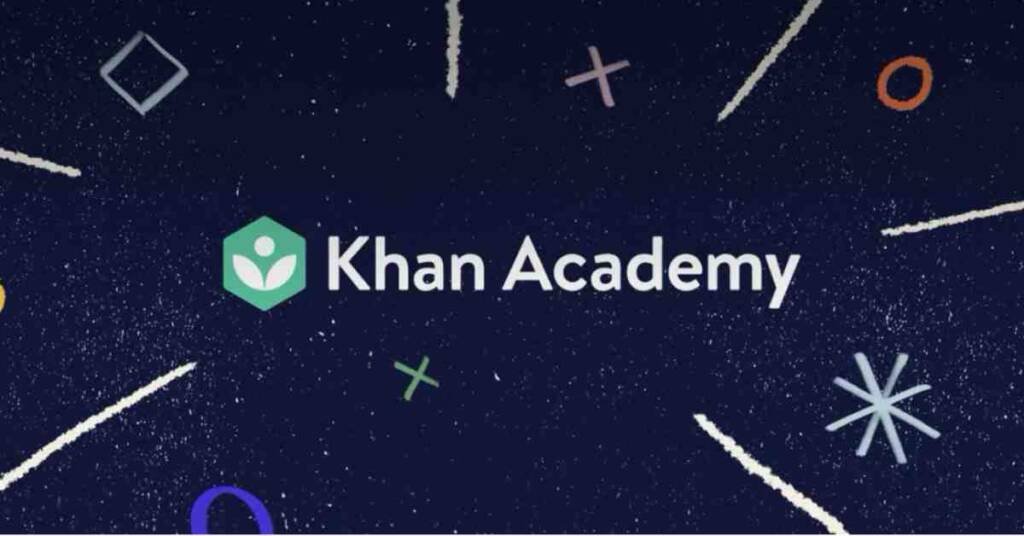 Khan Academy logo on a dark background with colorful geometric shapes.