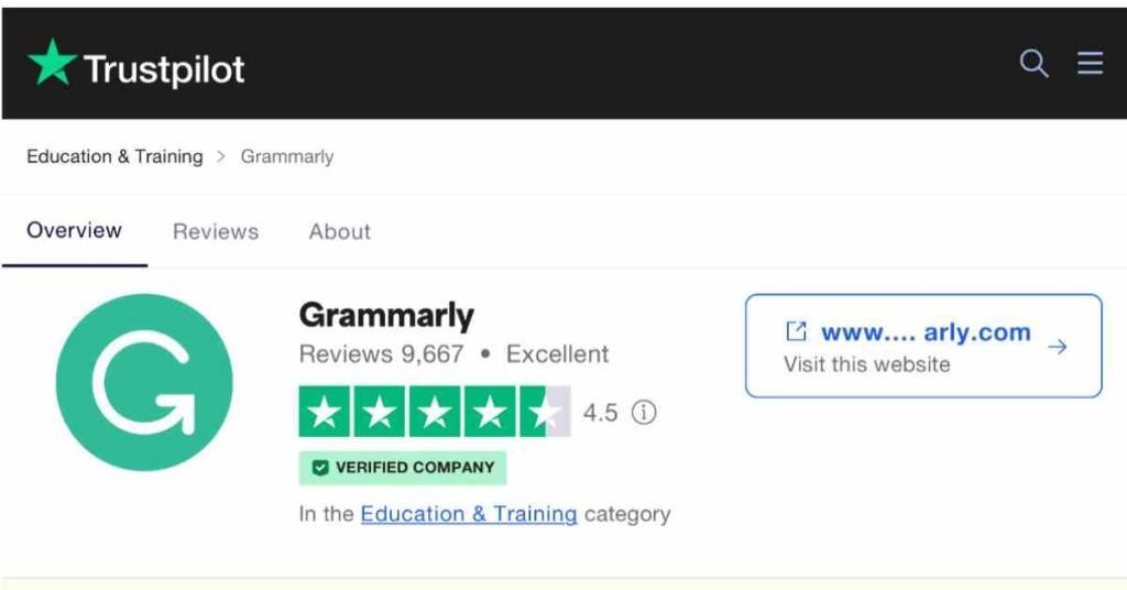 Trustpilot review showing Grammarly with a 4.5-star rating, indicating strong user trust and safety. Is Grammarly safe?