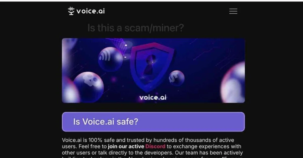 A webpage from voice.ai with a dark theme, showing a shield logo and the text ‘Is Voice.ai safe?’