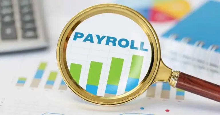 Magnifying glass highlighting the word “Payroll” on a bar graph, representing payroll data analysis and management.