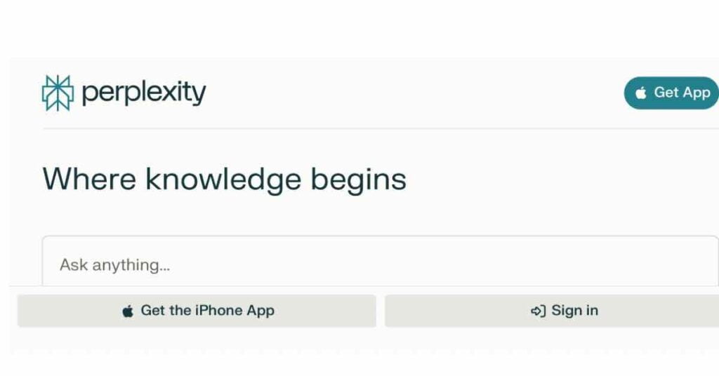 Perplexity AI homepage showcasing a search bar, app download option, and sign-in button. Discover how to copy a table from Perplexity AI