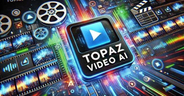 Thumbnail image with text ‘Topaz Video AI’, featuring futuristic video editing elements and vibrant tech-inspired design.