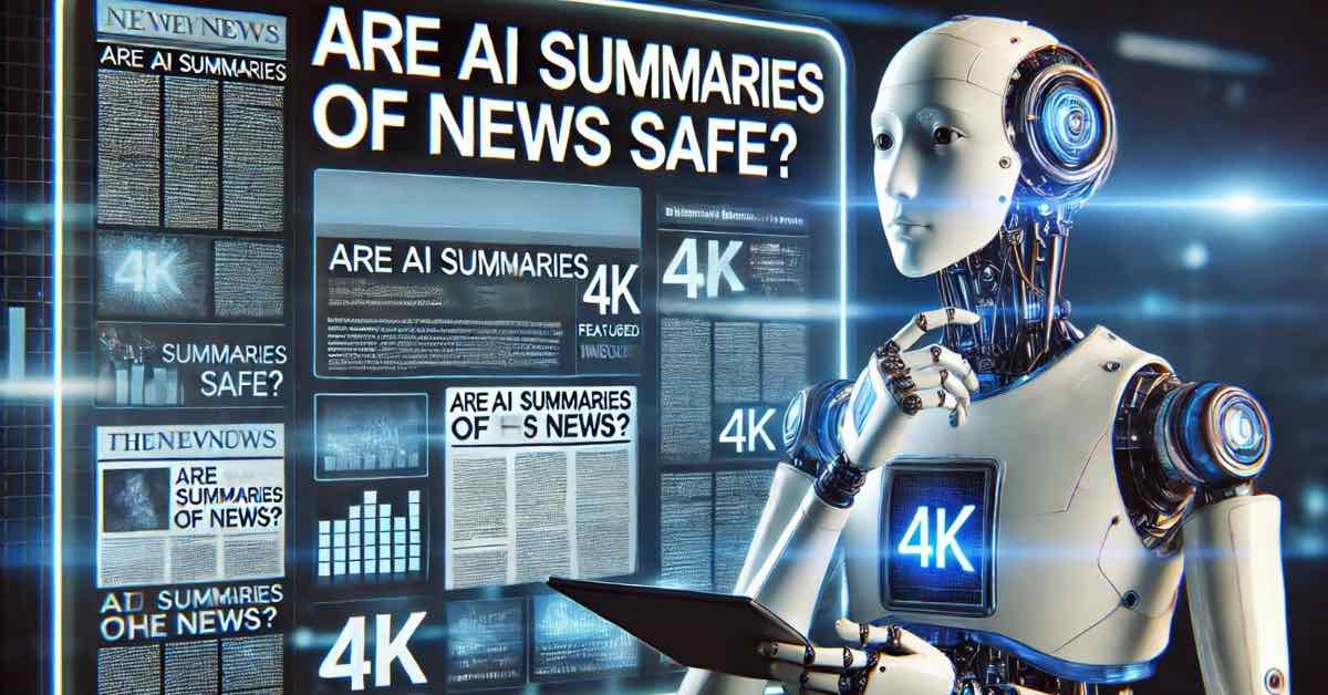AI robot analyzing news headlines on digital screens with text ‘Are AI summaries of news safe?
